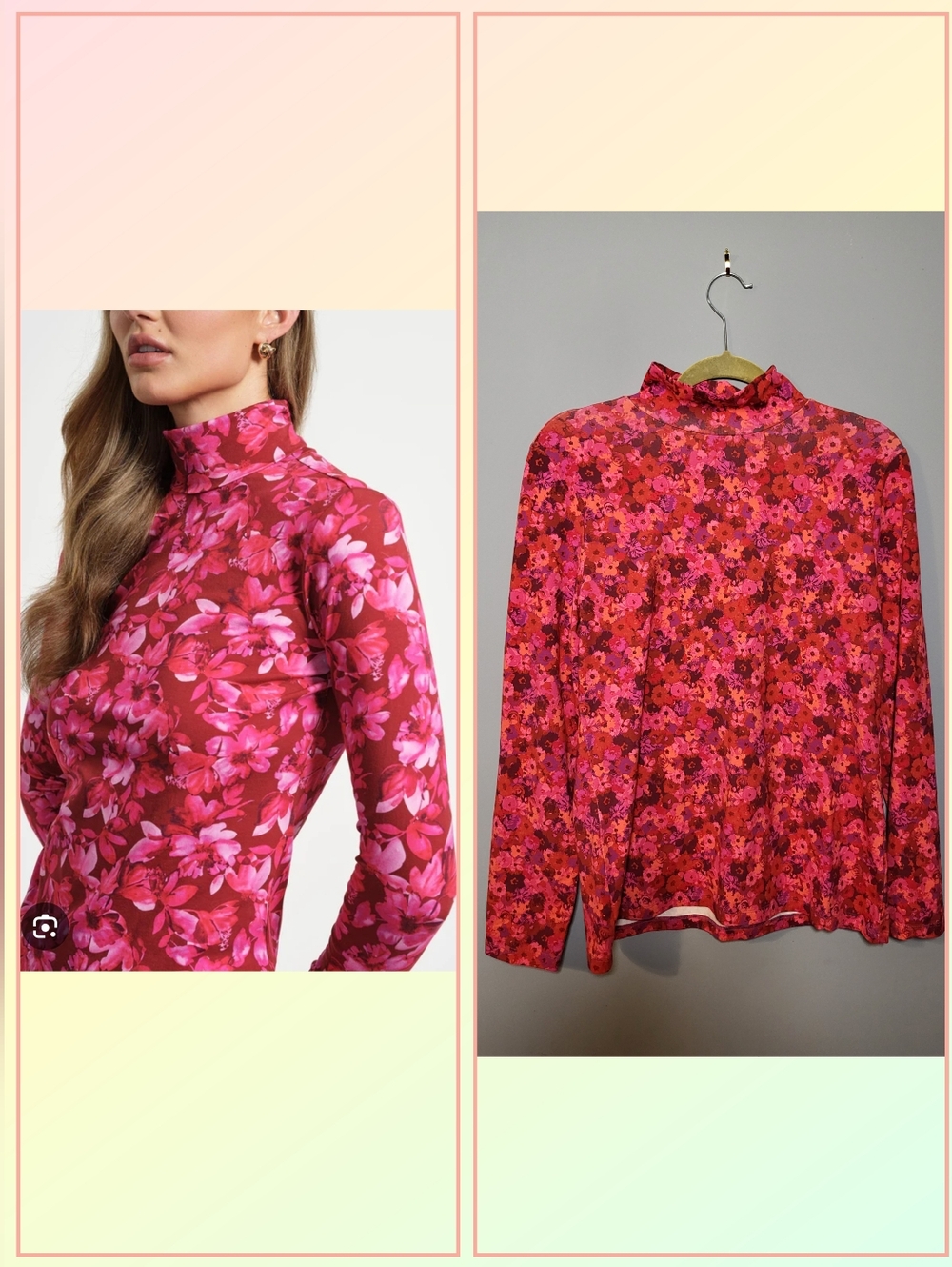 Isaac Mizrahi Size Small Vibrant Poppy Red Pink Floral Mock Neck Long Sleeve Top